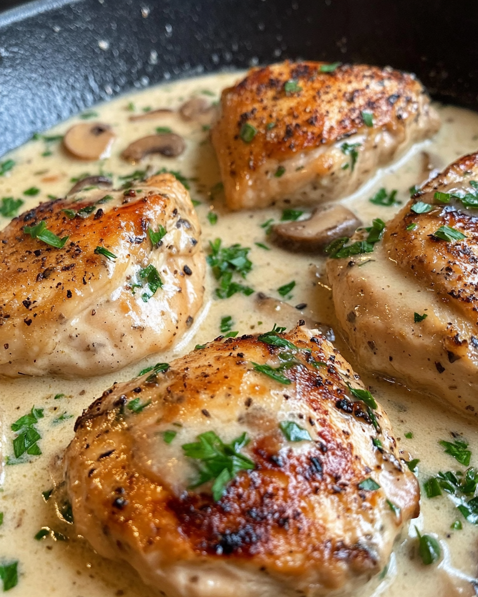 Served creamy garlic chicken on plate