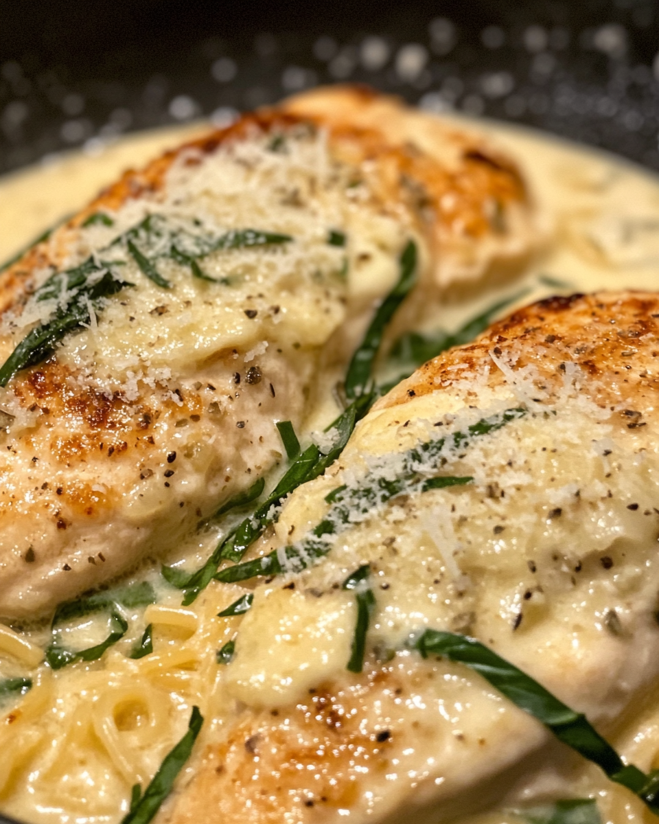 Finished creamy garlic parmesan chicken with parsley garnish