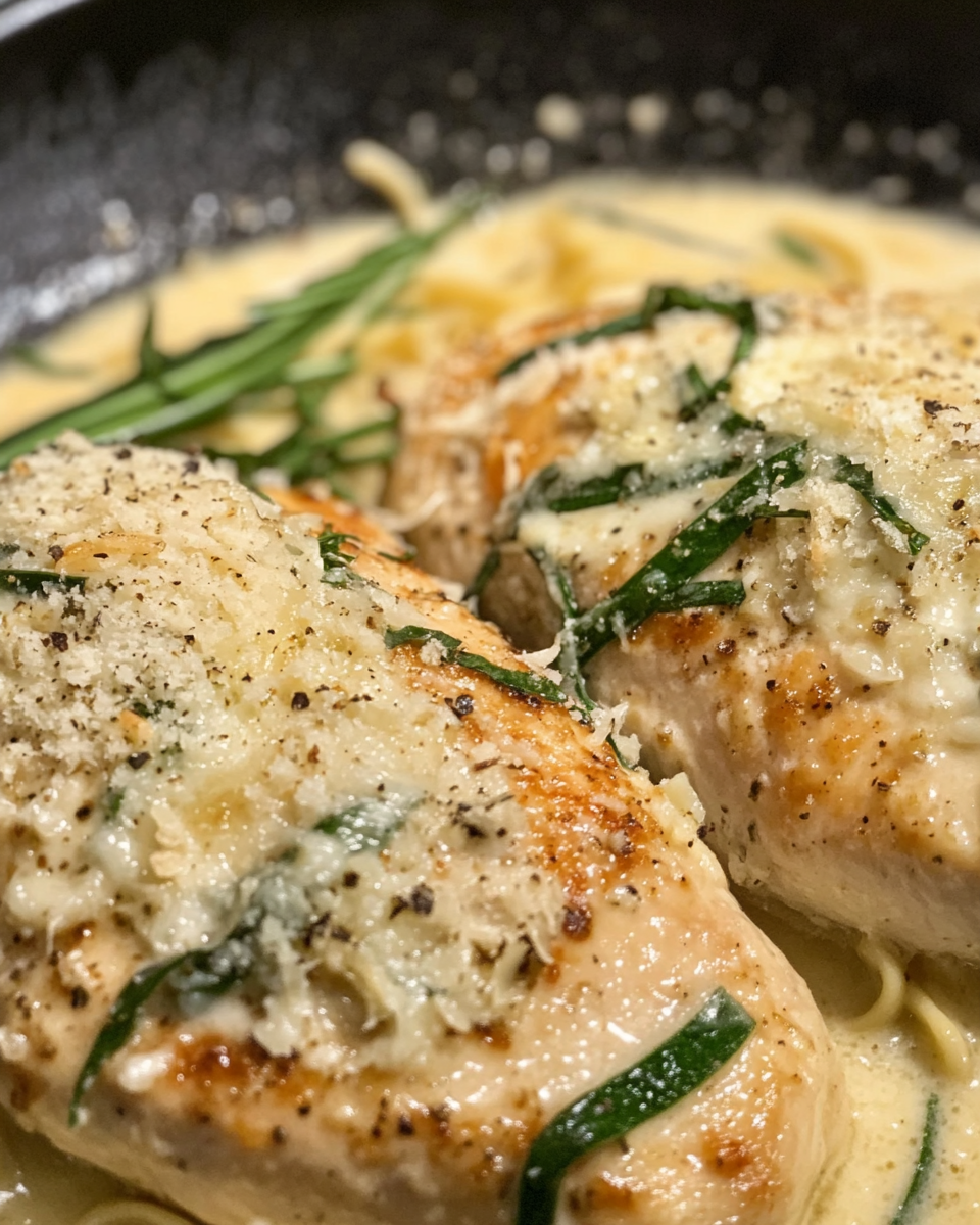 Creamy garlic parmesan chicken breast plated close-up