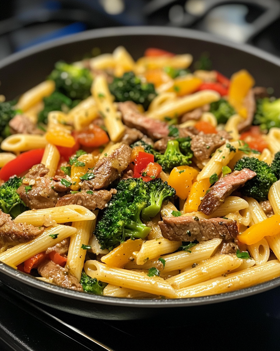 Close-up of creamy garlic parmesan penne with broccoli and shrimp
