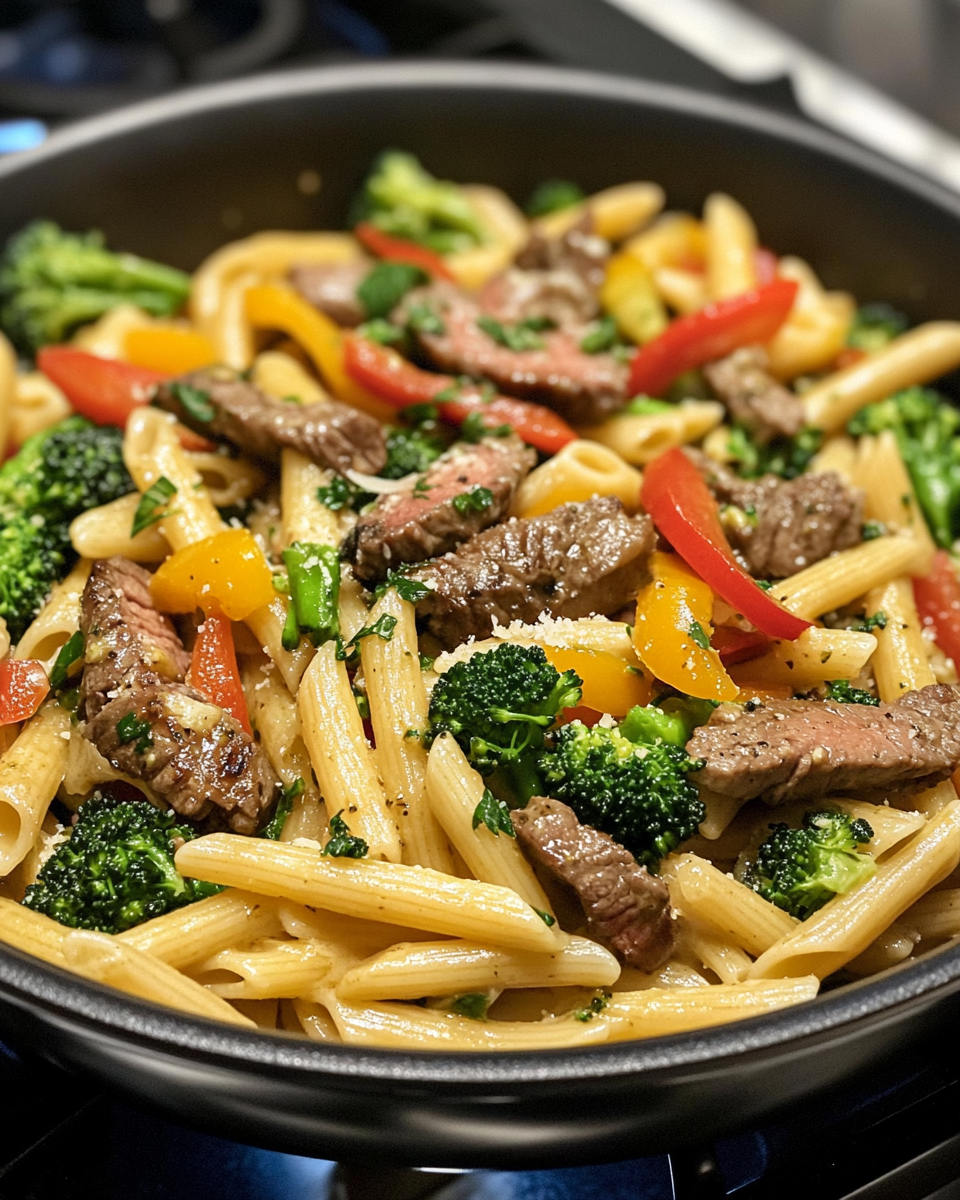 Creamy garlic parmesan penne served with shrimp and broccoli