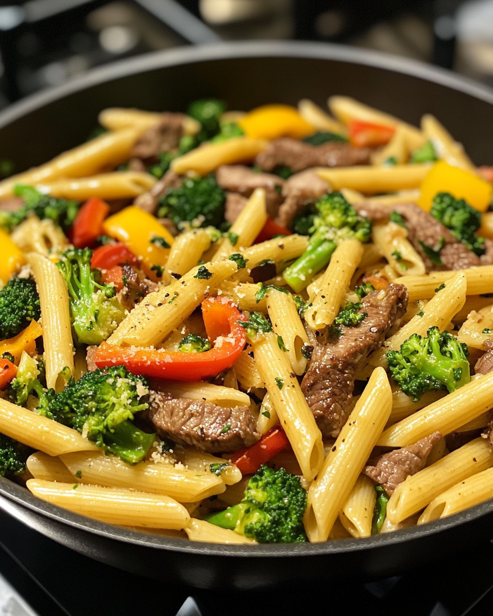 Creamy garlic parmesan penne with steak, broccoli, bell peppers