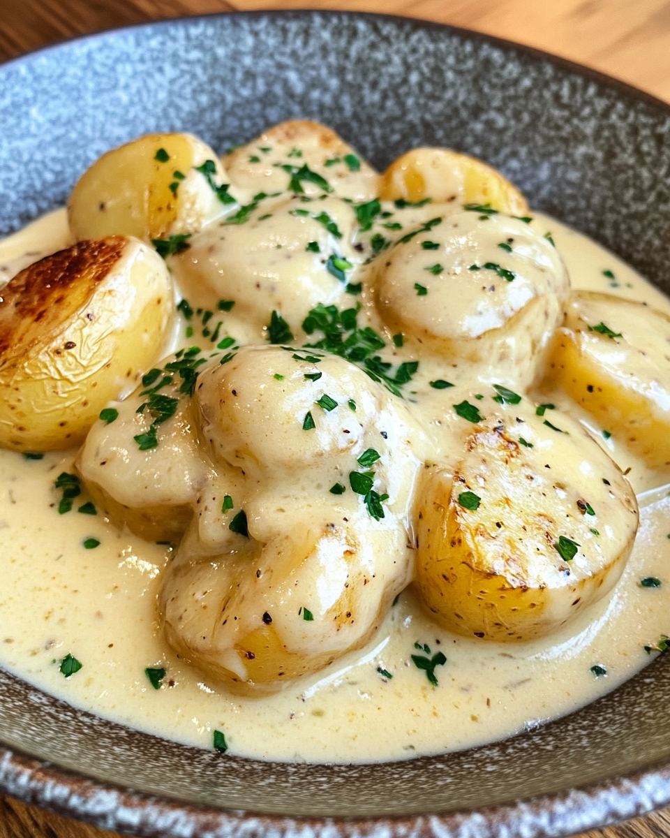 Finished creamy garlic sauce baby potatoes with fresh parsley