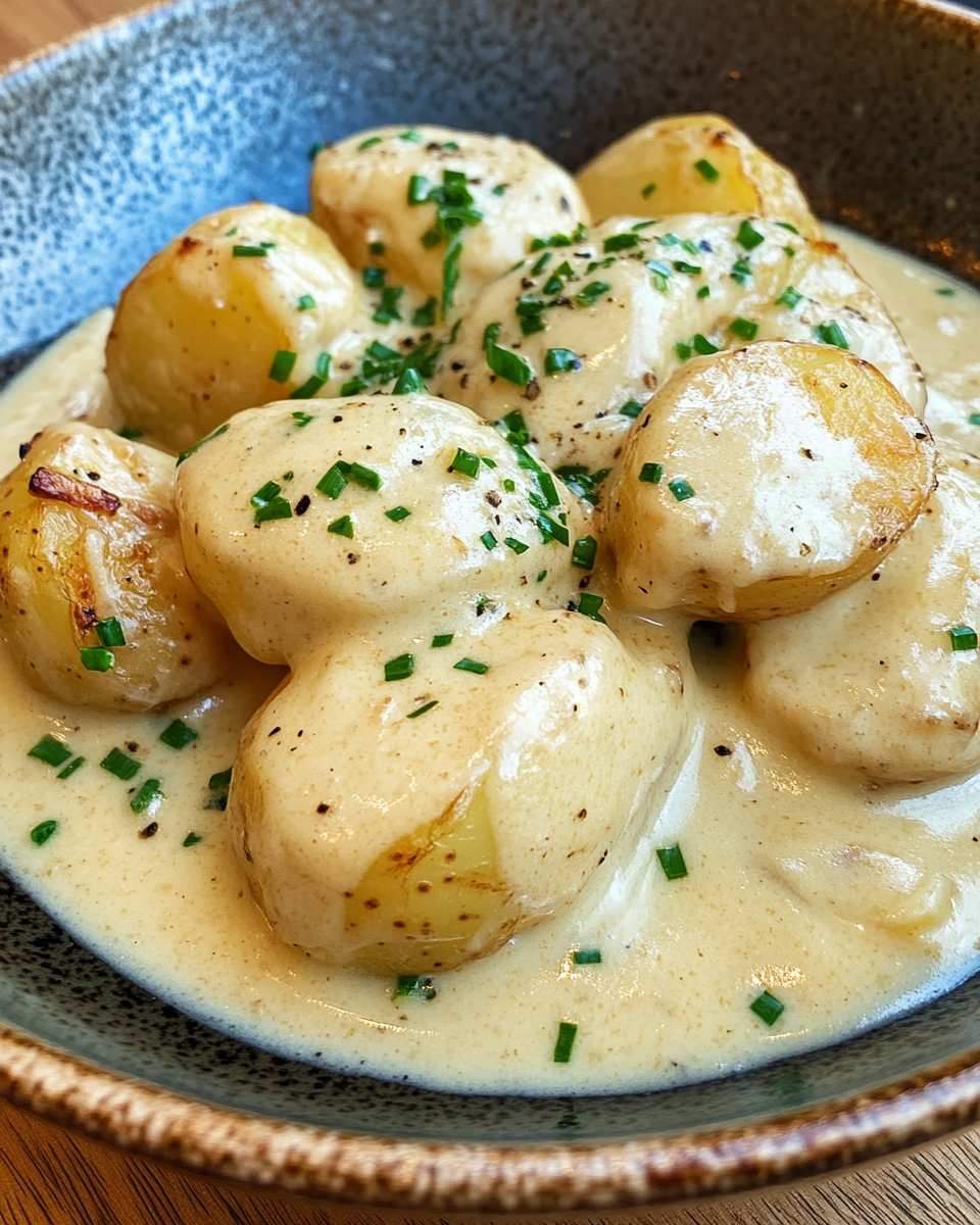Creamy garlic sauce coating baby potatoes
