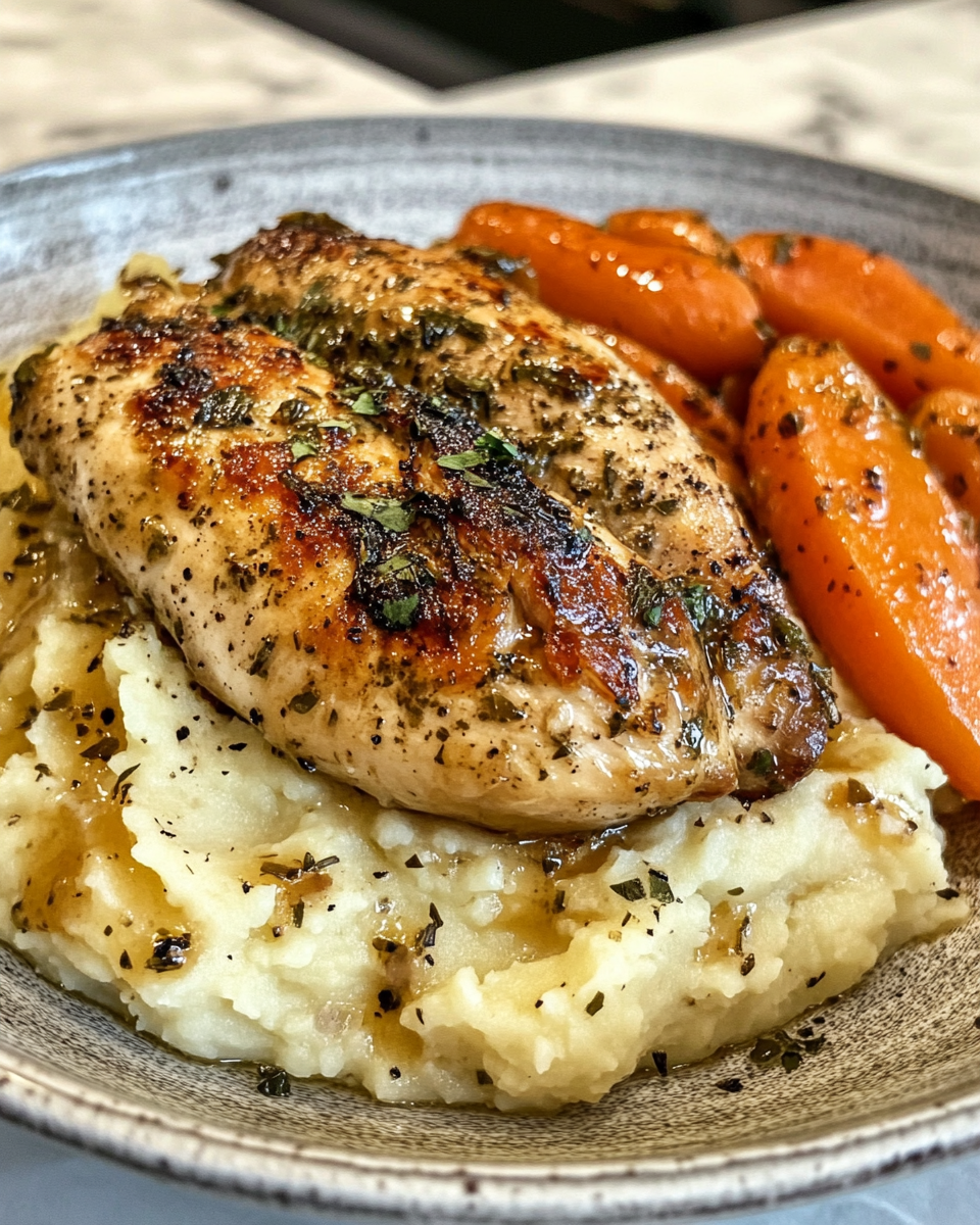 Creamy herb chicken and sauce preparation in skillet