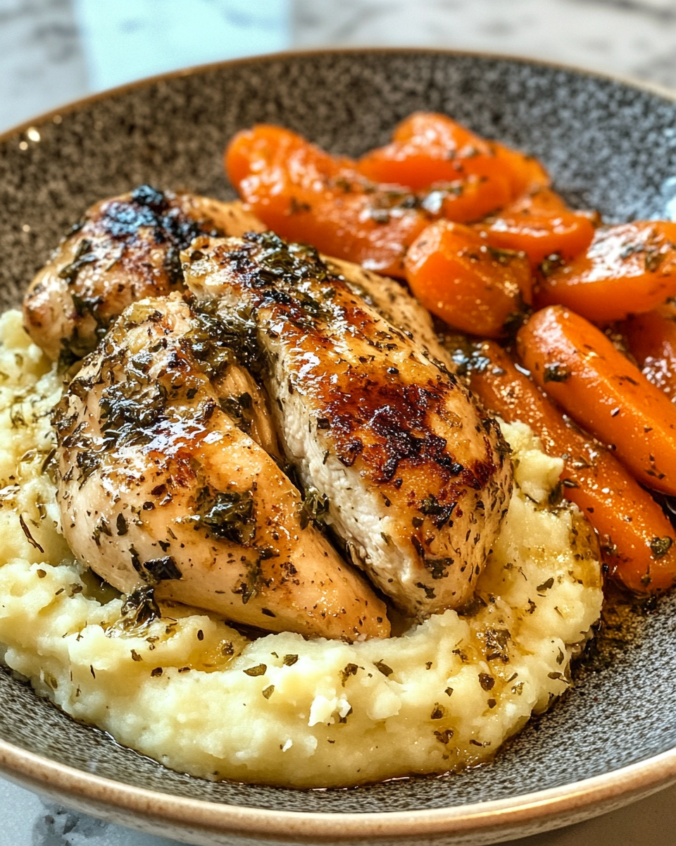 Finished creamy herb chicken with mashed potatoes and glazed carrots plated meal