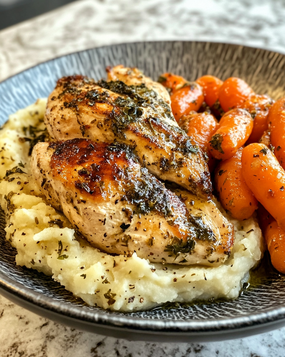 Creamy herb chicken with mashed potatoes and glazed carrots plated meal