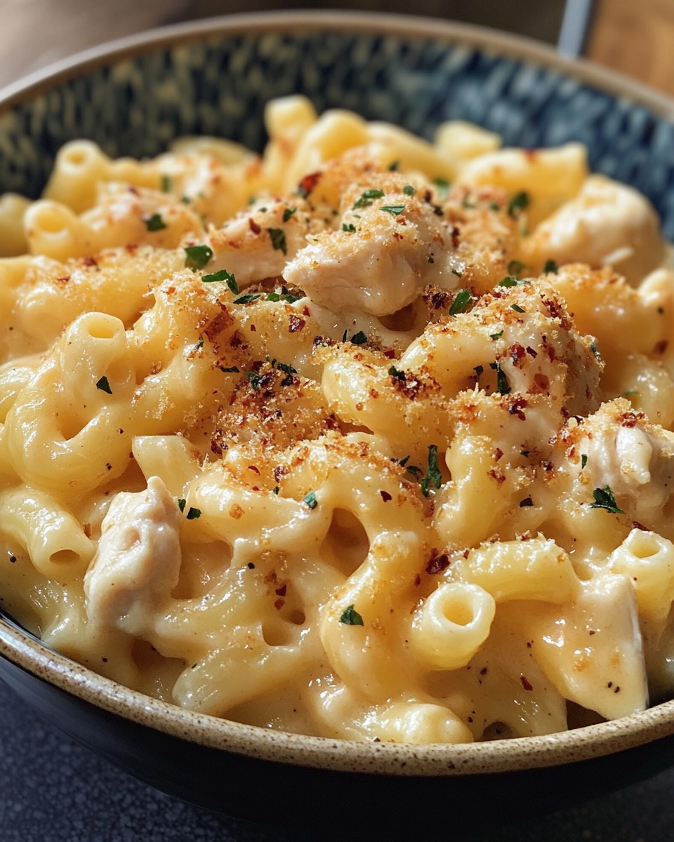 Honey pepper chicken being fried and served with macaroni