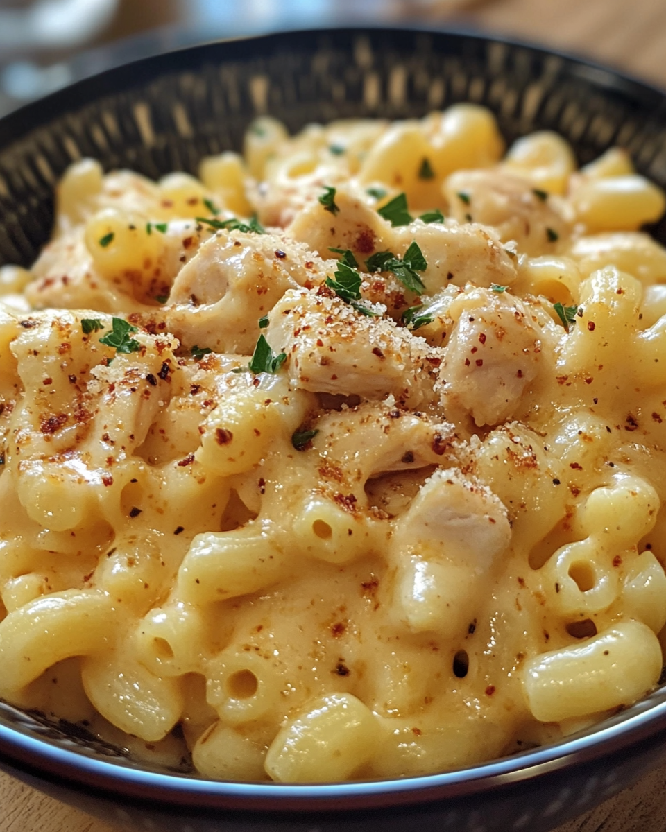 Finished honey pepper chicken mac and cheese plated