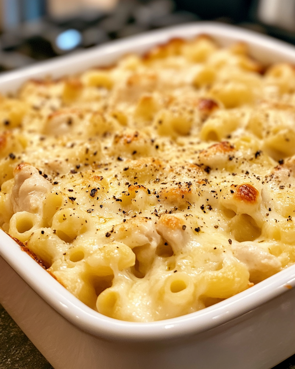 Creamy honey pepper chicken mac and cheese in a bowl