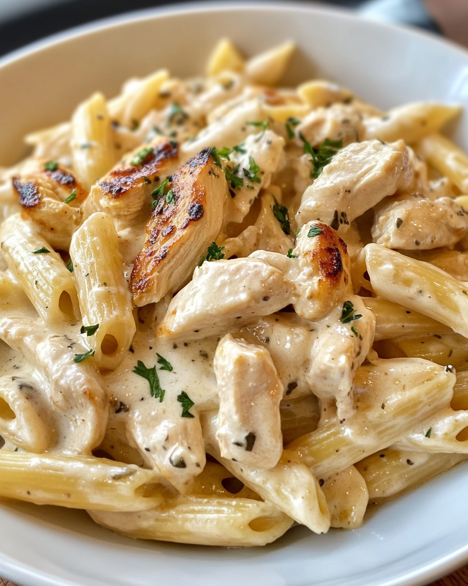 Close-up of creamy Italian chicken pasta plated