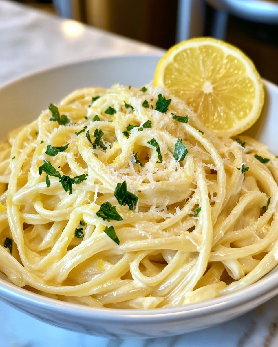 Skillet with lemon garlic sauce and pasta being tossed