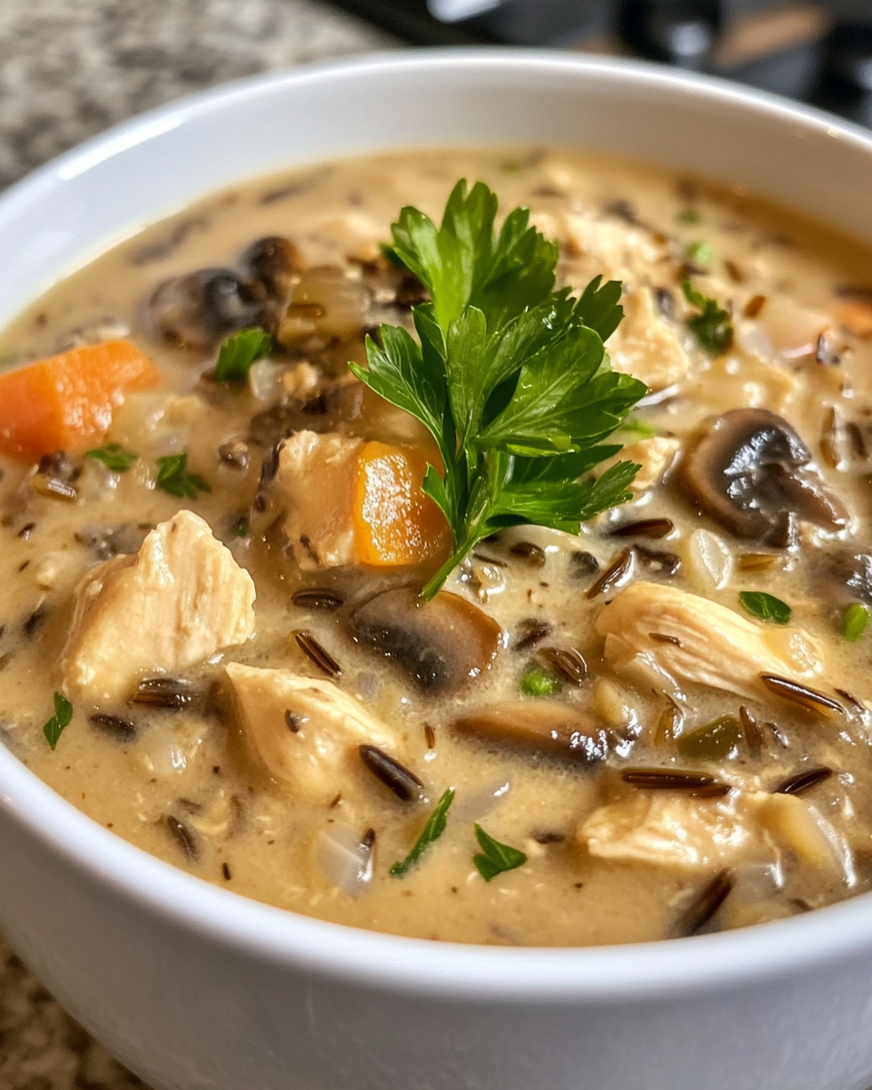 Creamy mushroom chicken and wild rice soup in bowl