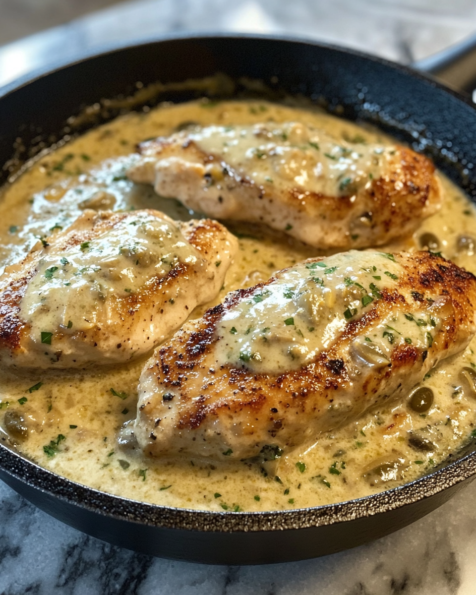 Creamy pepperoncini chicken skillet halfway through preparation