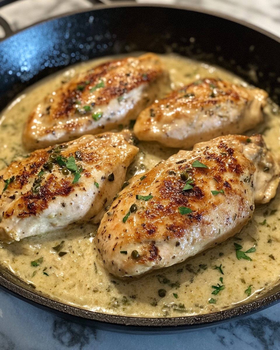 Close up of creamy pepperoncini chicken plated and garnished with parsley