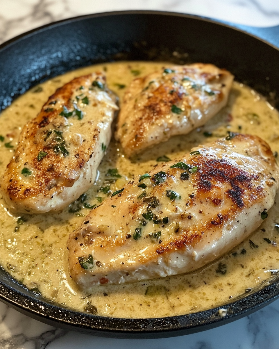 Creamy pepperoncini chicken in a skillet, taken with iPhone 15 Pro Max