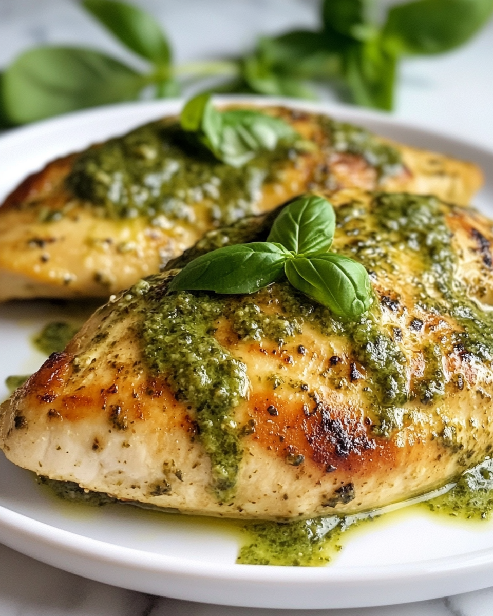 Creamy pesto chicken cooking in skillet