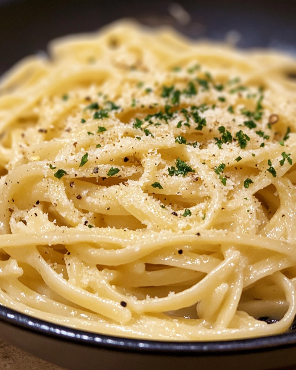 Serving creamy lemon garlic pasta with parmesan and lemon peel garnish