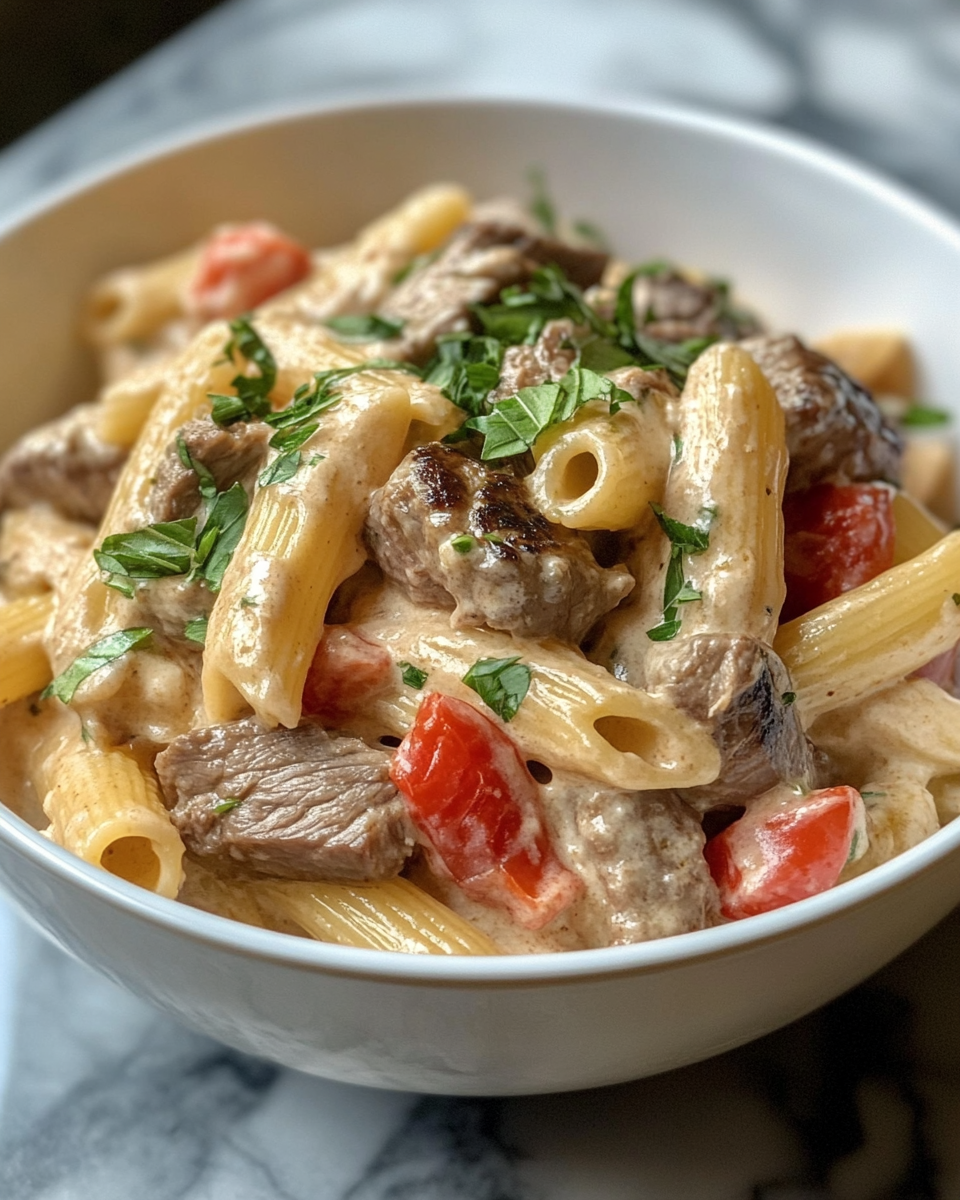 Close-up of creamy steak pasta with fresh parsley