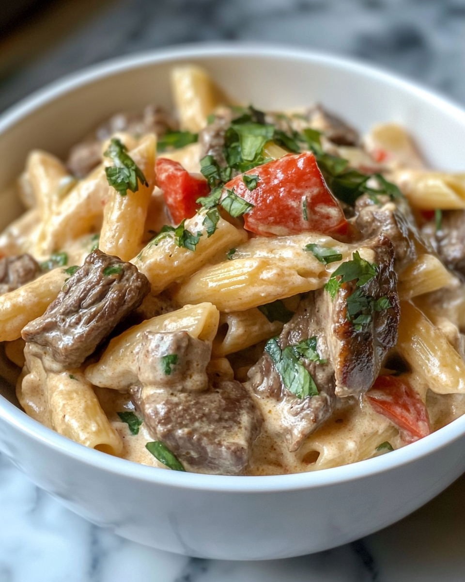Plate of creamy steak pasta with parsley garnish