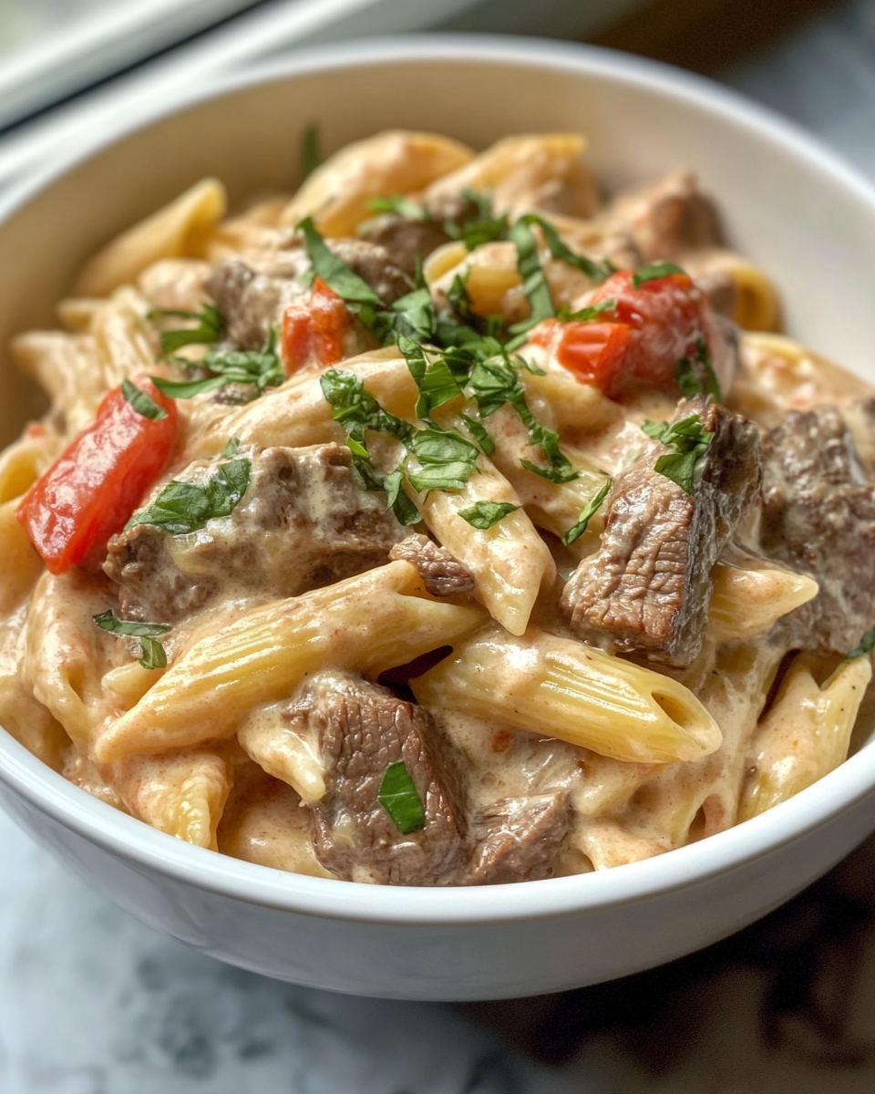 Creamy steak pasta in a bowl ready to eat