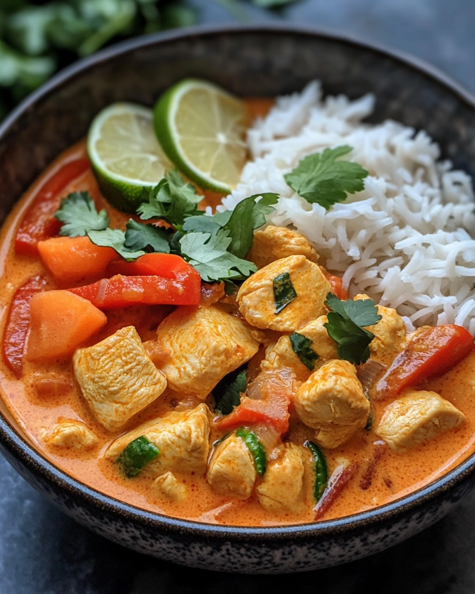 Cooking process of Thai red curry chicken bowls in pressure cooker
