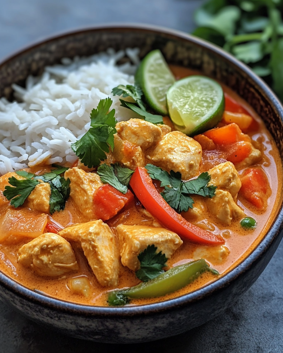 Delicious finished bowl of Thai red curry chicken soup ready to eat