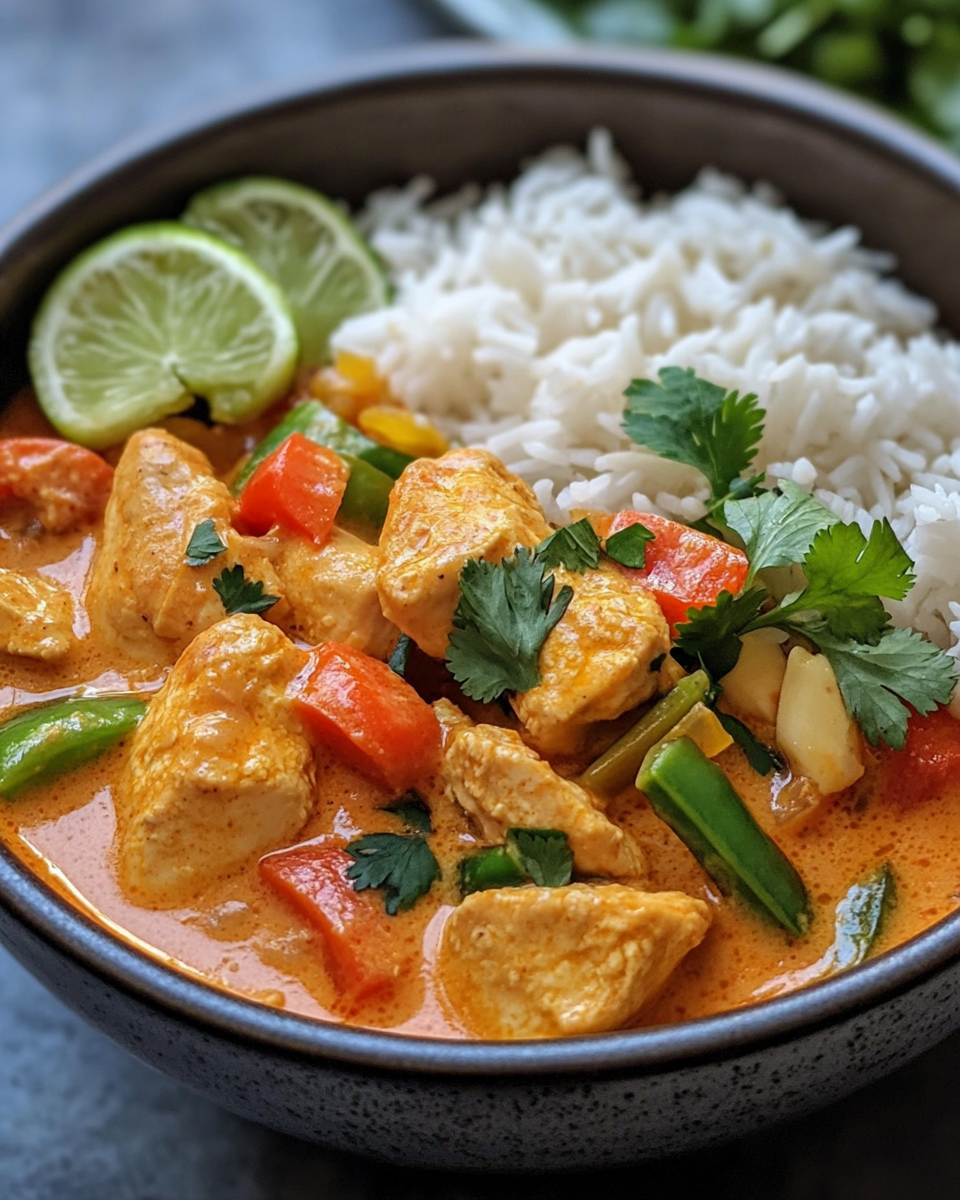 Creamy Thai Red Curry Chicken Bowls served in a bowl
