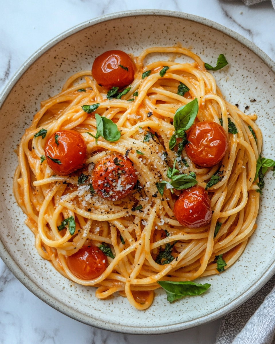 Creamy Tuscan slow roasted tomato pasta in bowl