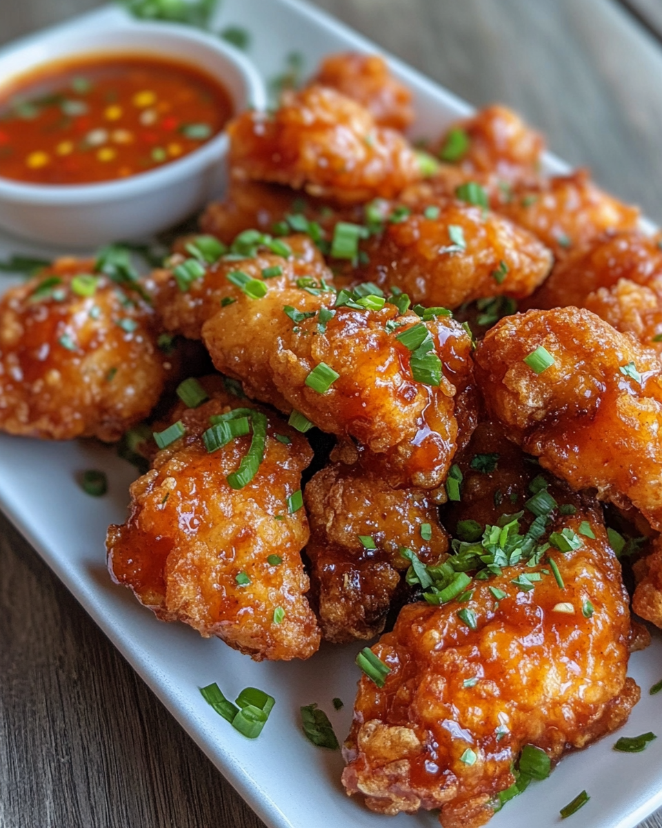 Finished plate of crispy bang bang chicken with garnish