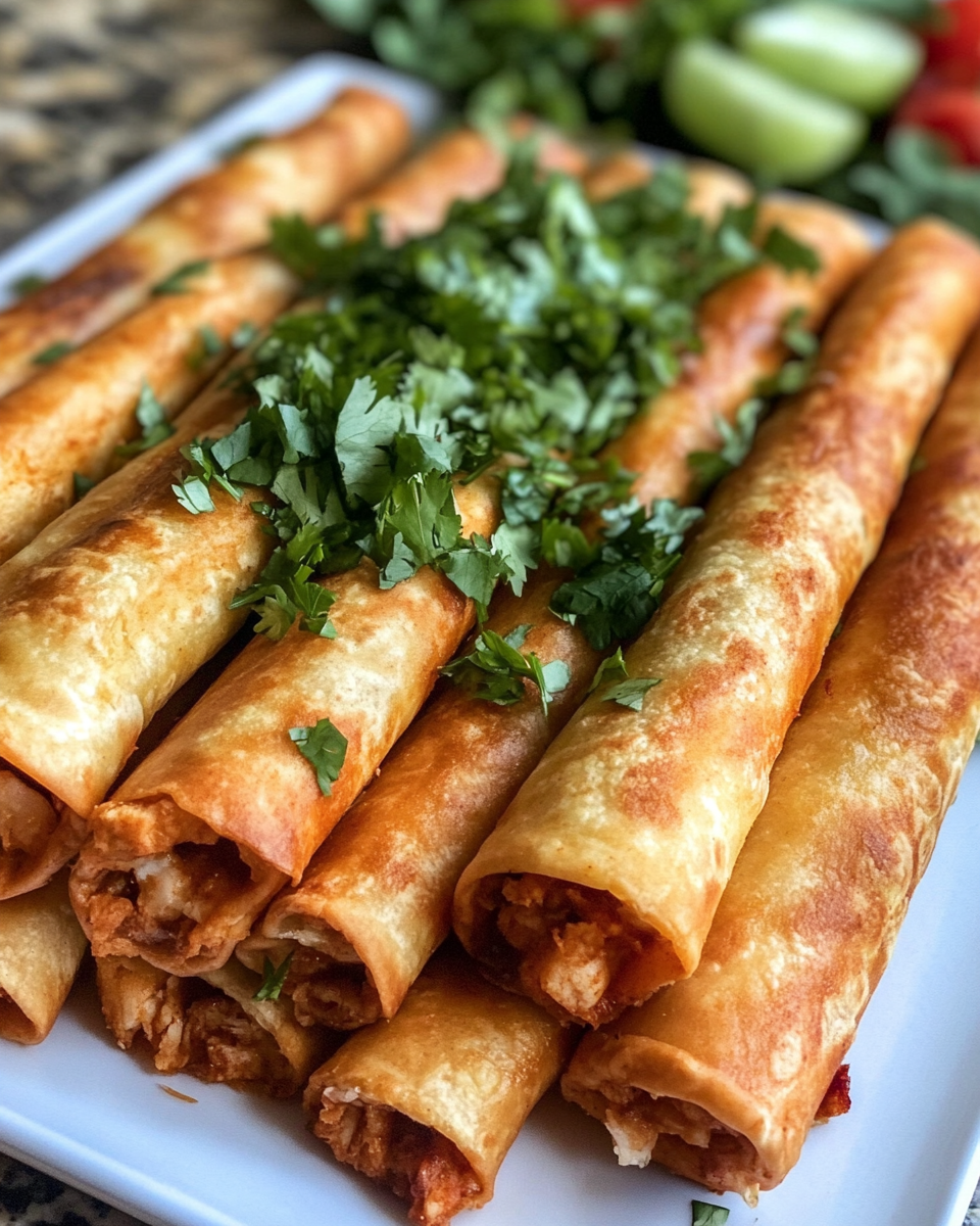 Baked crispy chicken taquitos on parchment lined baking sheet