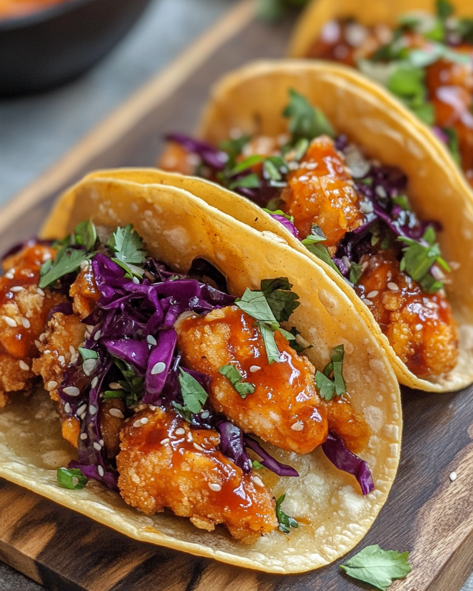 Finished crispy pork tacos topped with veggies and sauces