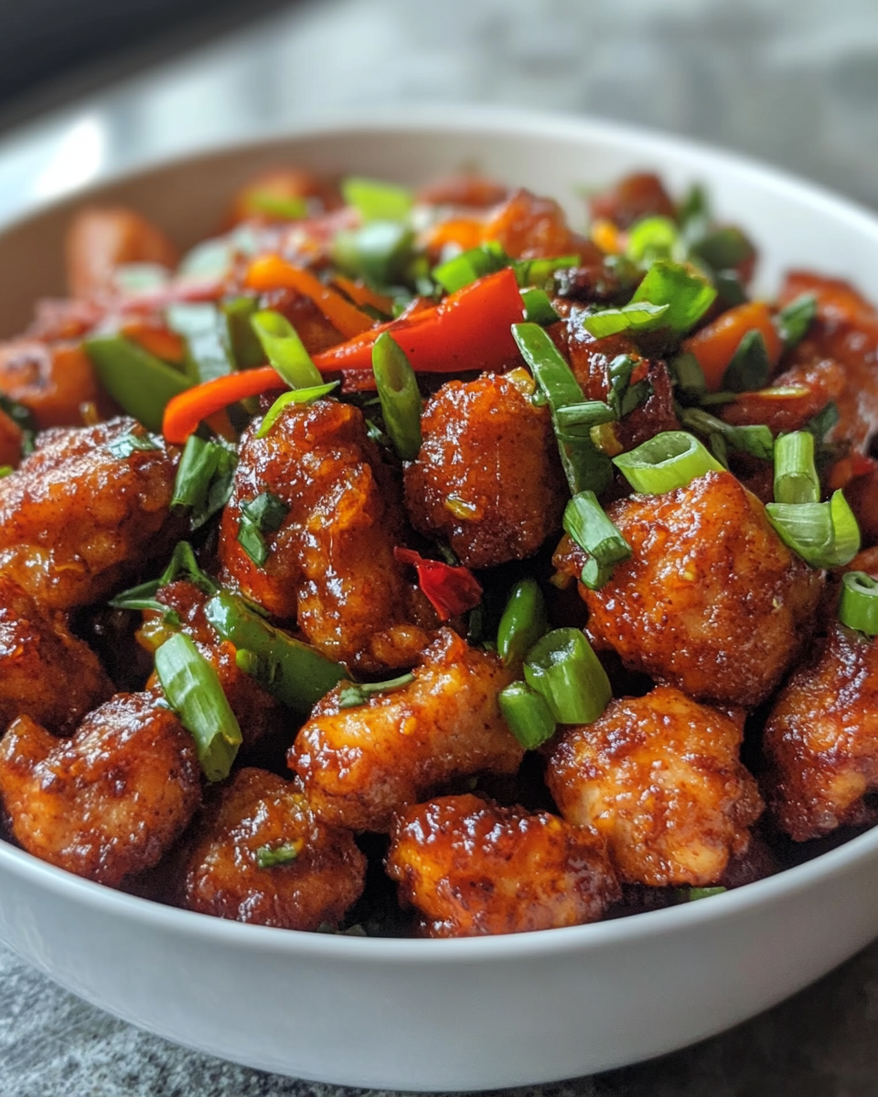 Plated crispy chilli chicken with garnish