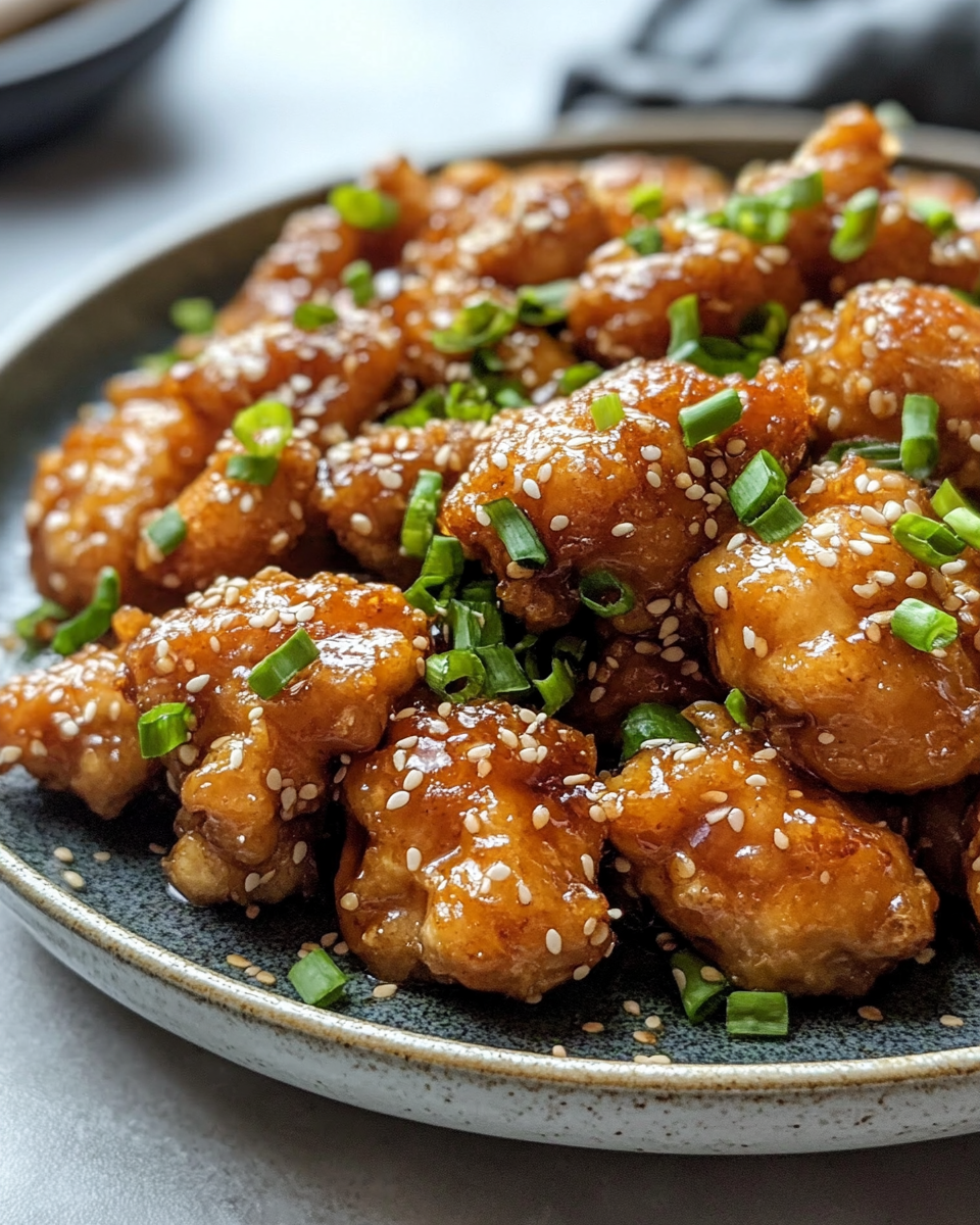 Plate with honey garlic chicken served with rice and garnish of parsley and chilli flakes