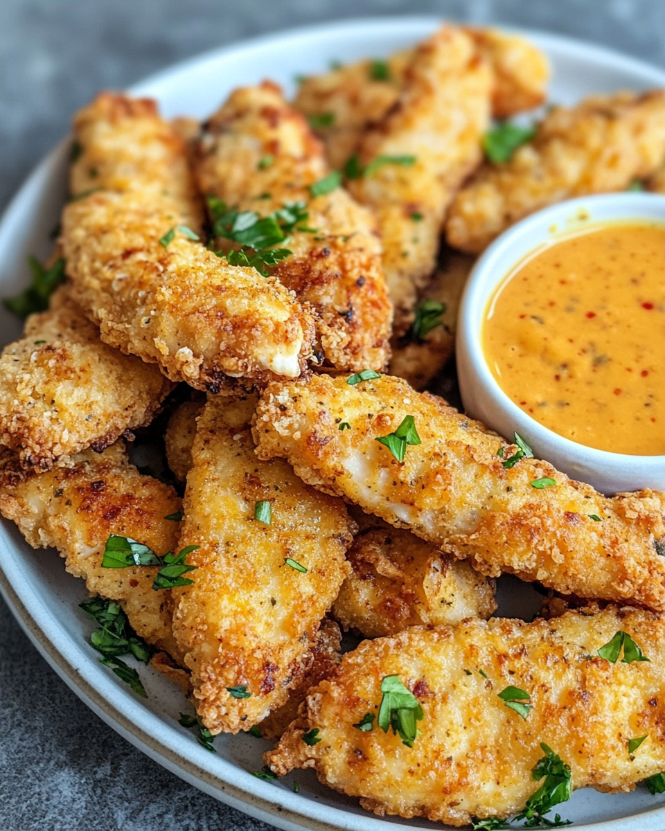 Close up of crispy chicken tenders on a plate