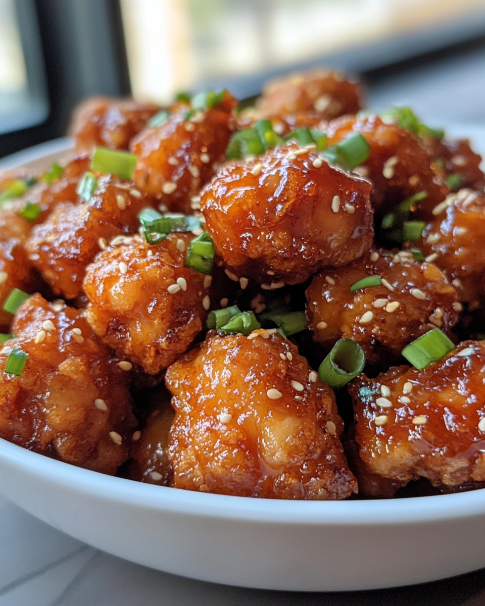 Served honey chicken with optional garnishes of sesame seeds and green onions