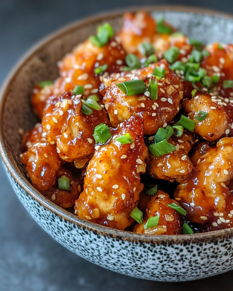 Honey garlic chicken plated with garnishes