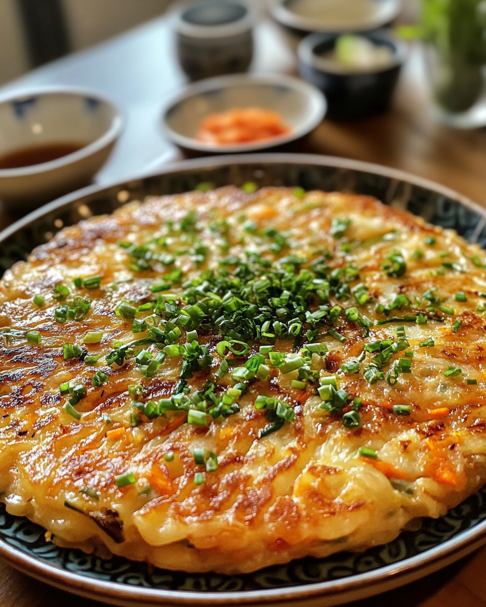 Golden crispy Korean vegetable pancakes stacked on a plate
