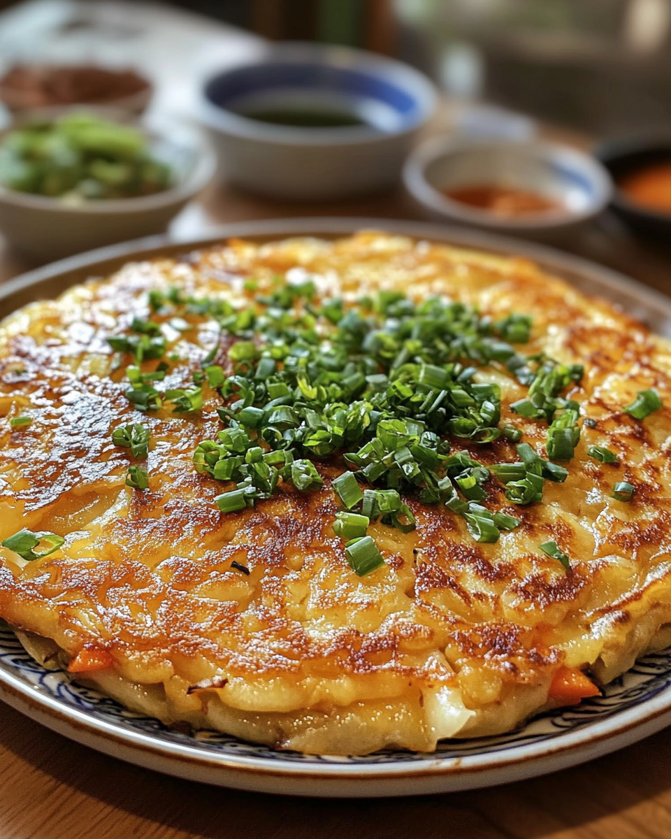 Crispy Korean vegetable pancake fry cooking