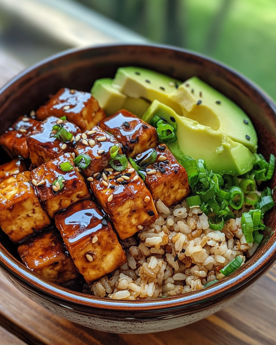 Crispy Teriyaki Tofu Bowl with Avocado and Brown Rice