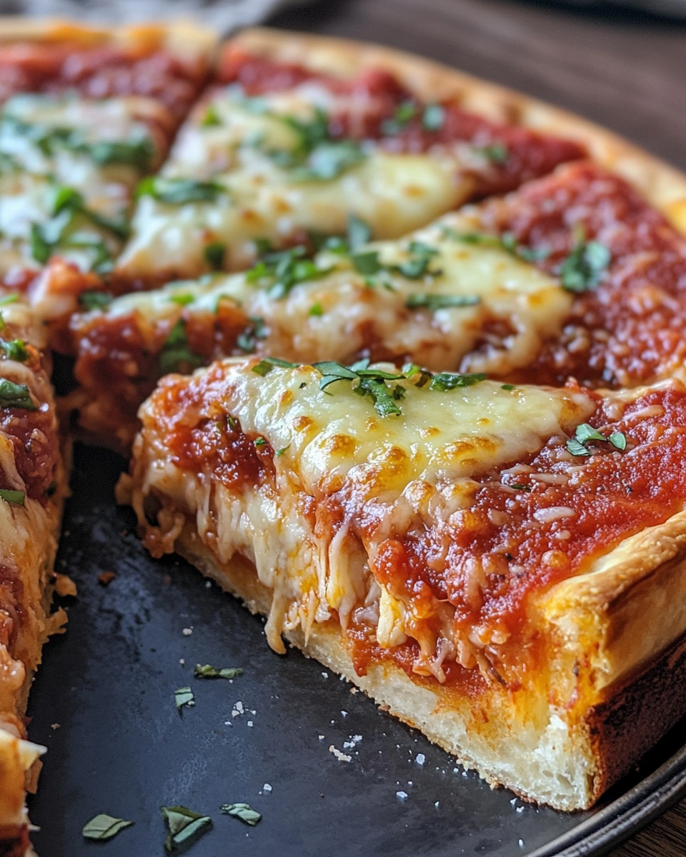 Double layers of cheese and sauce on deep dish pizza