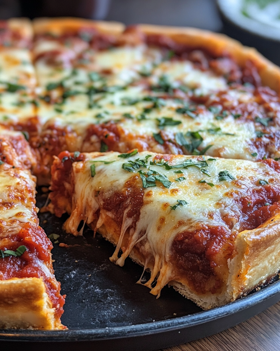 Deep dish pizza layered with cheesy goodness