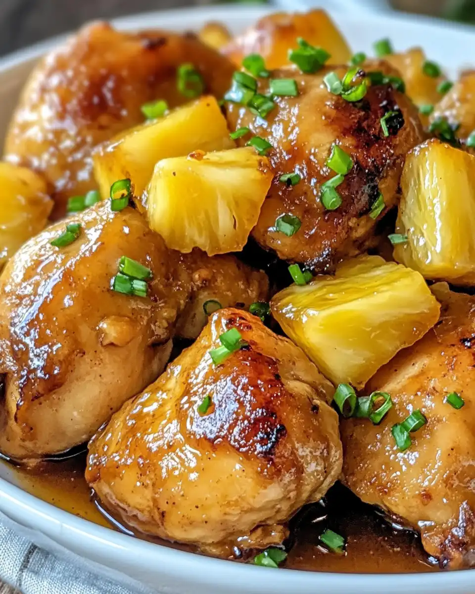 Saucy pineapple chicken baking in dish