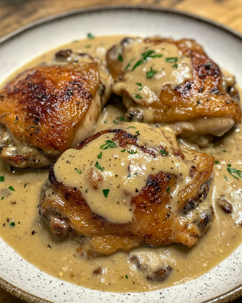 Chicken thighs cooking in creamy gravy in a skillet