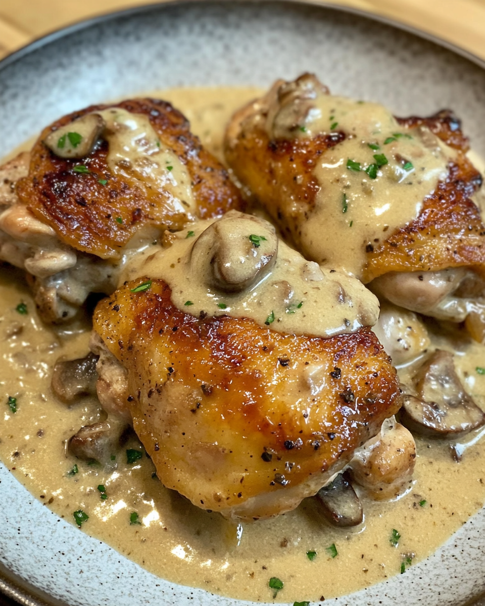 Plate of smothered chicken thighs with creamy gravy