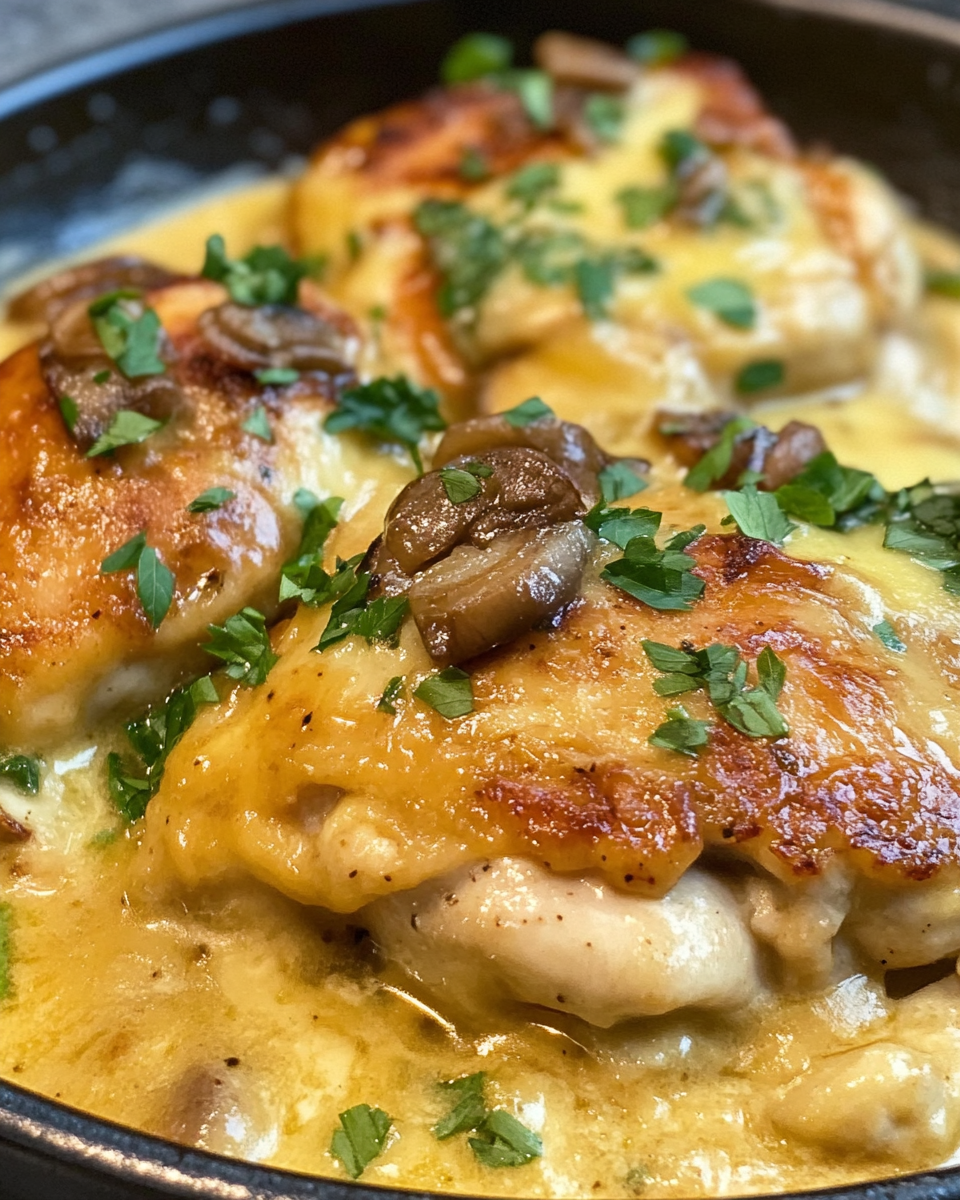 Chicken simmering in skillet with onions and broth