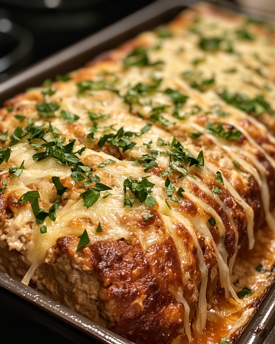Sliced chicken meatloaf served on a plate with garnish