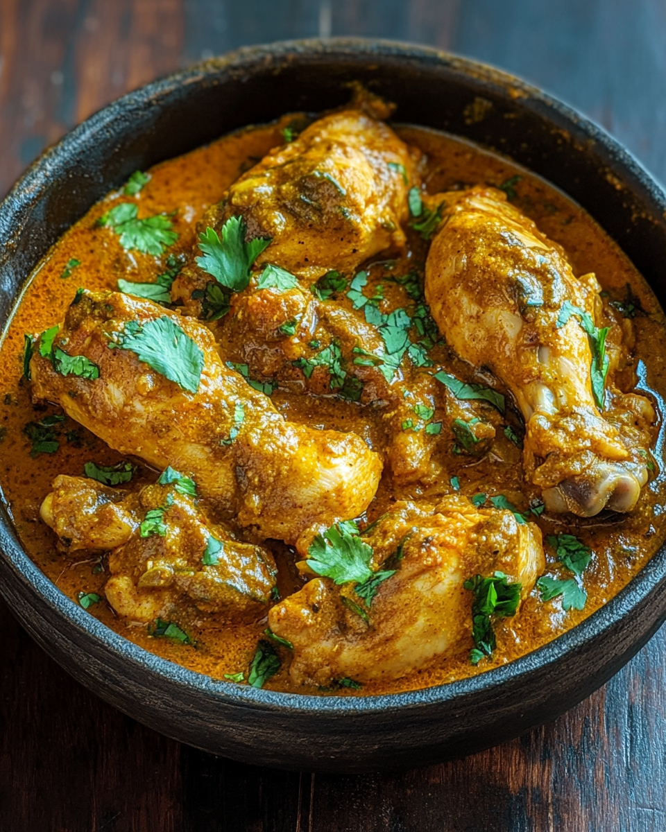 Creamy finished chicken curry served with fresh coriander