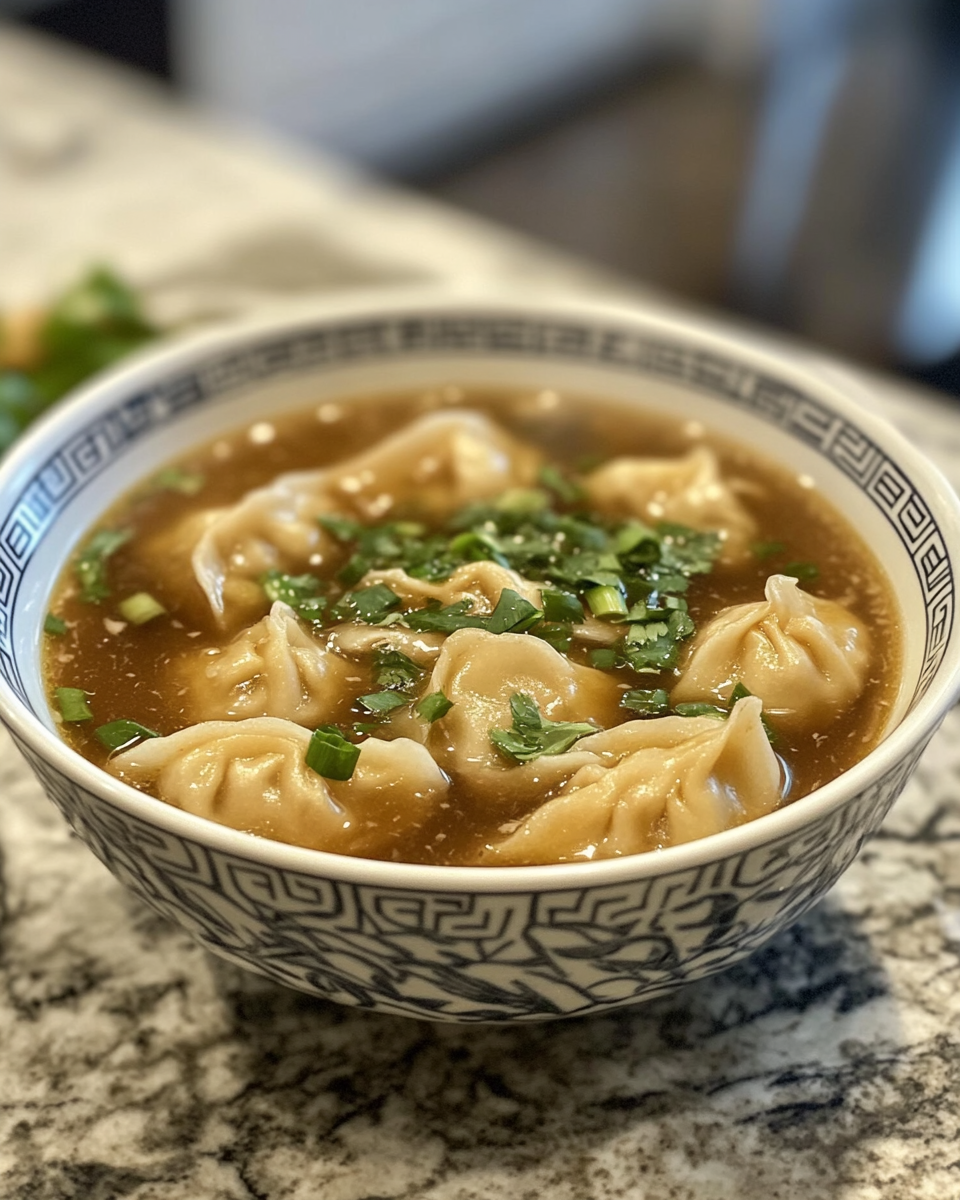 Bowl of finished dumpling soup ready to eat