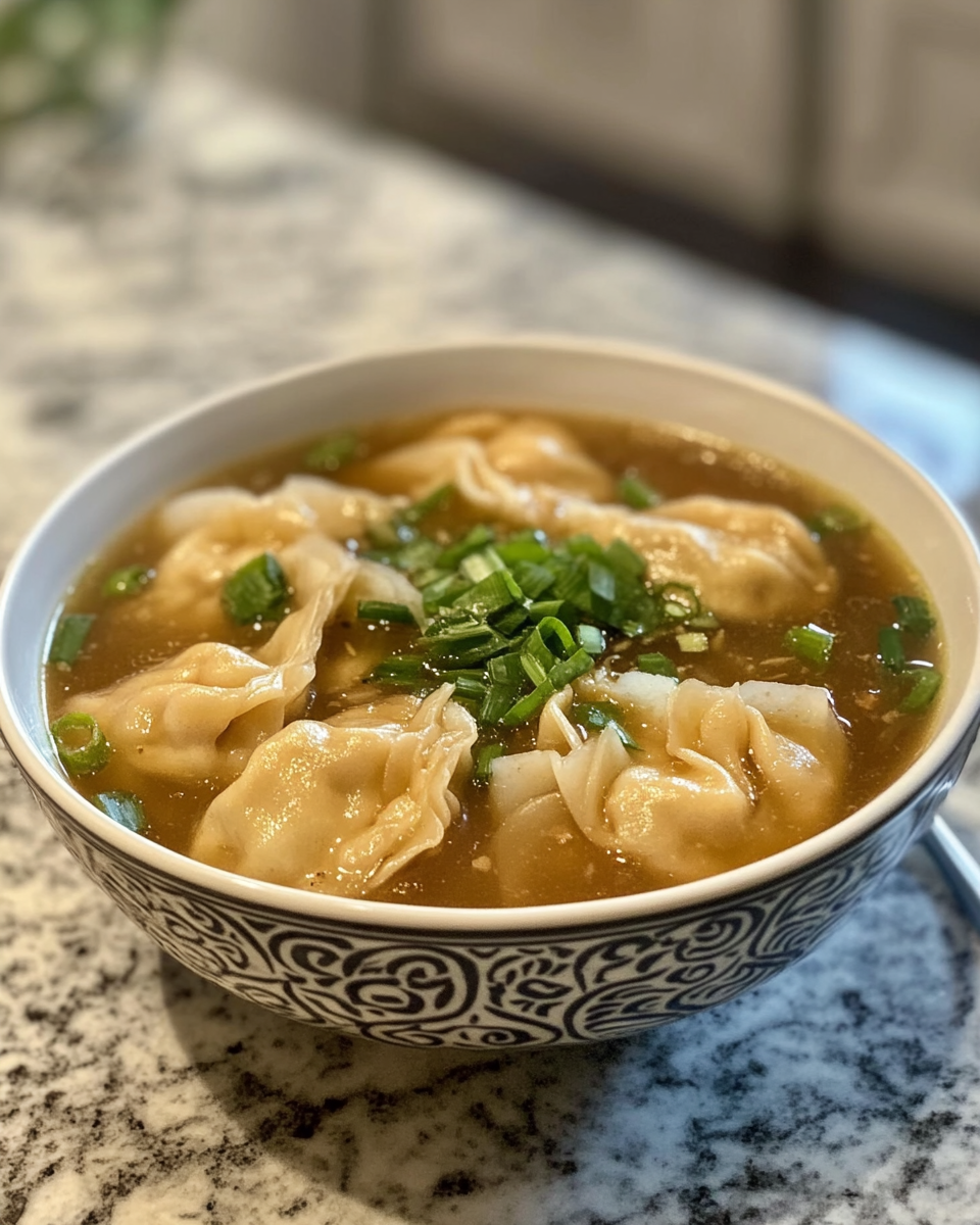 Soup simmering in pot with dumplings